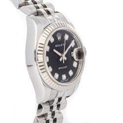 Pre Owned Rolex Black Diamonds 18k White Gold And Stainless Steel Datejust 179174 Women's Wristwatch 26 MM