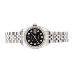 Pre Owned Rolex Black Diamonds 18k White Gold And Stainless Steel Datejust 179174 Women's Wristwatch 26 MM