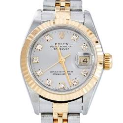 مملوكة مسبقًا Rolex Silver Diamonds 18K Yellow Gold Stainless Steel Datejust 69173 Automatic Women's Wristwatch 26 mm