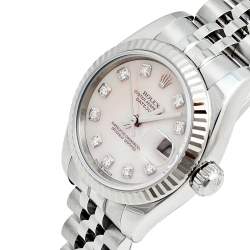Pre Owned Rolex MOP Diamonds 18K White Gold Stainless Steel Datejust 179174 Women's Wristwatch 26 MM