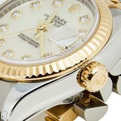 مملوكة مسبقًا Rolex White Mother Pearl 18K Yellow Gold Stainless Steel Diamond Datejust 179173 Women's Wristwatch 26 mm