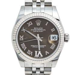 Pre Owned Rolex Brown Diamond 18k White Gold Stainless Steel Datejust 178274 Women's Wristwatch 31 mm