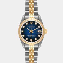 مملوكة مسبقًا Rolex Blue Diamonds 18K Yellow Gold And Stainless Steel Datejust 69173 Women's Wristwatch 26 MM
