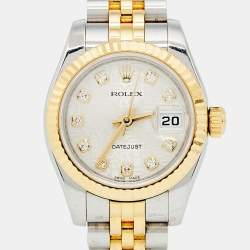 Pre Owned Rolex Silver White Jubilee 18K Yellow Gold Stainless Steel Diamond Datejust 179173 Women's Wristwatch 26 mm