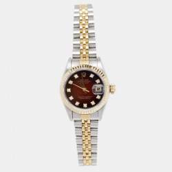 Pre Owned Rolex Red Vignette 18K Yellow Gold Stainless Steel Diamond Datejust 69173 Women's Wristwatch 26 mm