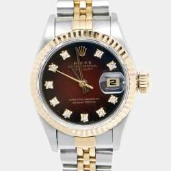 Pre Owned Rolex Red Vignette 18K Yellow Gold Stainless Steel Diamond Datejust 69173 Women's Wristwatch 26 mm