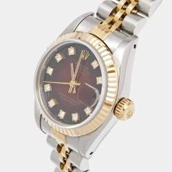 Pre Owned Rolex Red Vignette 18K Yellow Gold Stainless Steel Diamond Datejust 69173 Women's Wristwatch 26 mm
