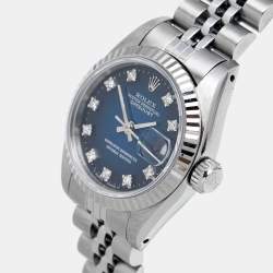 Pre Owned Rolex Blue Vignette 18K White Gold Stainless Steel Diamond Datejust 69174 Women's Wristwatch 26 mm