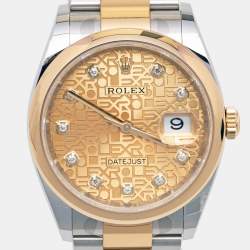 Pre Owned Rolex Champagne Diamond 18k Yellow Gold Stainless Steel Datejust M126203-0034 Unisex Wristwatch 36 mm