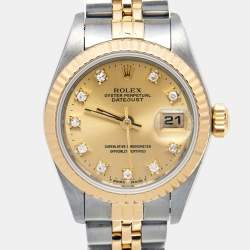Pre Owned Rolex Champagne Diamond 18k Yellow Gold Stainless Steel Datejust 69173 Women's Wristwatch 26 mm