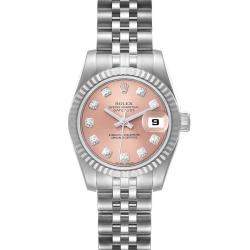 Pre Owned Rolex Pink Diamonds 18K White Gold And Stainless Steel Datejust 179174 Women's Wristwatch 26 mm