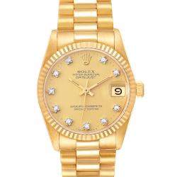 مملوكة مسبقًا Rolex Champagne Diamonds 18K Yellow Gold President Datejust 68278 Automatic Women's Wristwatch 31 mm