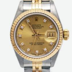 مملوكة مسبقًا Rolex Champagne Diamonds 18K Yellow Gold And Stainless Steel Datejust 69173 Women's Wristwatch 26 mm