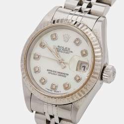 Pre Owned Rolex Mother Of Pearl Diamonds 18K White Gold Stainless Steel Datejust 69174 Women's Wristwatch 26 mm