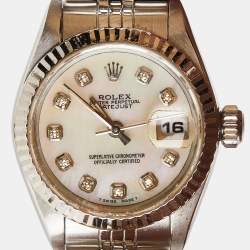 Pre Owned Rolex Mother Of Pearl Diamonds 18K White Gold Stainless Steel Datejust 69174 Women's Wristwatch 26 mm