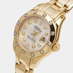 Pre Owned Rolex Mother of Pearl 18k Yellow Gold Diamond Datejust Pearlmaster 69318 Women's Wristwatch 29 mm