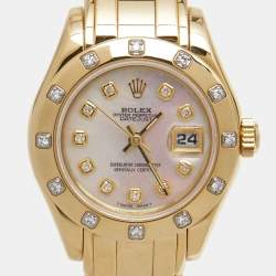 Pre Owned Rolex Mother of Pearl 18k Yellow Gold Diamond Datejust Pearlmaster 69318 Women's Wristwatch 29 mm