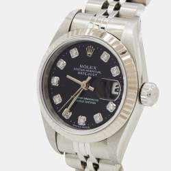 Pre Owned Rolex Black Diamonds 18K White Gold And Stainless Steel Datejust 69174 Automatic Women's Wristwatch 26 mm
