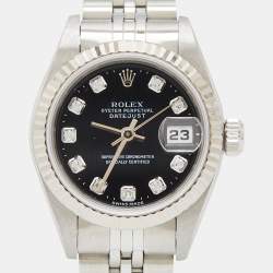 Pre Owned Rolex Black Diamonds 18K White Gold And Stainless Steel Datejust 69174 Automatic Women's Wristwatch 26 mm
