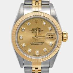 Pre Owned Rolex Champagne Diamonds 18K Yellow Gold Stainless Steel Datejust 69173 Women's Wristwatch 26 mm