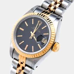 Pre Owned Rolex Black 18K Yellow Gold Stainless Steel Datejust 69173 Women's Wristwatch 26 mm