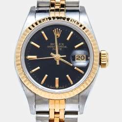Pre Owned Rolex Black 18K Yellow Gold Stainless Steel Datejust 69173 Women's Wristwatch 26 mm