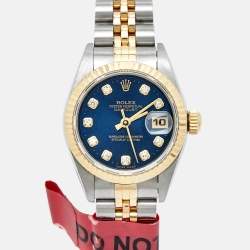 Pre Owned Rolex Blue Diamonds 18K Yellow Gold Stainless Steel Datejust 69173 Women's Wristwatch 26 mm
