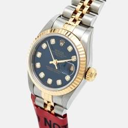 Pre Owned Rolex Blue Diamonds 18K Yellow Gold Stainless Steel Datejust 69173 Women's Wristwatch 26 mm