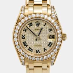 Pre Owned Rolex Diamond Pave 18K Yellow Gold Pearlmaster Datejust 81158 Women's Wristwatch 34 mm
