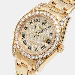 Pre Owned Rolex Diamond Pave 18K Yellow Gold Pearlmaster Datejust 81158 Women's Wristwatch 34 mm
