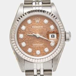Pre Owned Rolex Brown Anniversary Diamond Dial 18K White Gold Stainless Steel Datejust 79174 Wristwatch 26 mm