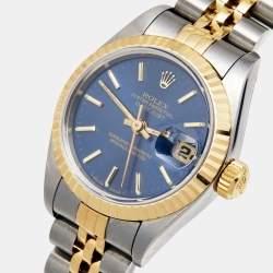 Pre Owned Rolex Blue 18k Yellow Gold Stainless Steel Datejust 69173 Women's Wristwatch 26 mm 
