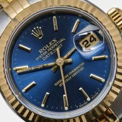 Pre Owned Rolex Blue 18k Yellow Gold Stainless Steel Datejust 69173 Women's Wristwatch 26 mm 