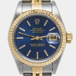 Pre Owned Rolex Blue 18k Yellow Gold Stainless Steel Datejust 69173 Women's Wristwatch 26 mm 