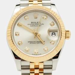 Pre Owned Rolex SIlver Sunburst 18K Yellow Gold Stainless Steel Diamond Datejust M278273-0020 Women's Wristwatch 31 mm