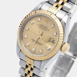 Pre Owned Rolex Champagne Diamond 18k Yellow Gold And Stainless Steel Datejust 69173 Automatic Women's Wristwatch 26 mm