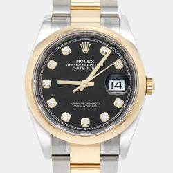 Pre Owned Rolex Black Diamond 18k Yellow Gold Stainless Steel Datejust 126203 Women's Wristwatch 36 mm 