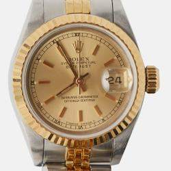 Pre Owned Rolex Champagne 18k Yellow Gold Stainless Steel Datejust 69173 Women's Wristwatch 26 mm