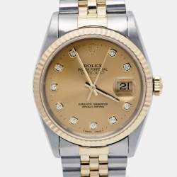 Pre Owned Rolex Champagne Diamond 18K Yellow Gold Stainless Steel Datejust 16233 Unisex Wristwatch 36 mm