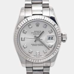 Pre Owned Rolex Silver Diamonds 18K White Gold President Datejust 179179 Women's Wristwatch 26 mm