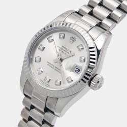 Pre Owned Rolex Silver Diamonds 18K White Gold President Datejust 179179 Women's Wristwatch 26 mm