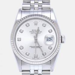 Rolex Silver Diamond 18K White Gold Stainless Steel Datejust 16234 Unisex Wristwatch 36 mm