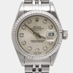 Pre Owned Rolex Silver Diamond 18k White Gold Stainless Steel Datejust 69174 Women's Wristwatch 26 mm