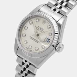 Pre Owned Rolex Silver Diamond 18k White Gold Stainless Steel Datejust 69174 Women's Wristwatch 26 mm