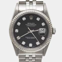 Pre Owned Rolex Black 18K White Gold Stainless Steel Diamond Datejust 16234 Unisex Wristwatch 36 mm