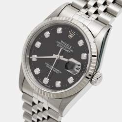 Pre Owned Rolex Black 18K White Gold Stainless Steel Diamond Datejust 16234 Unisex Wristwatch 36 mm