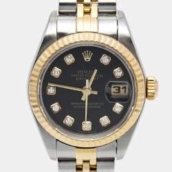 Pre Owned Rolex Black 18K Yellow Gold Stainless Steel Diamond Datejust 79173 Women's Wristwatch 26 mm