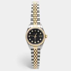 Pre Owned Rolex Black 18K Yellow Gold Stainless Steel Diamond Datejust 79173 Women's Wristwatch 26 mm