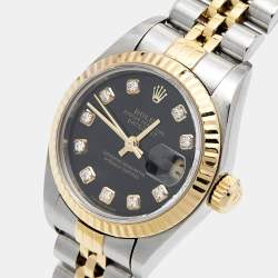 Pre Owned Rolex Black 18K Yellow Gold Stainless Steel Diamond Datejust 79173 Women's Wristwatch 26 mm