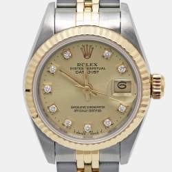 Pre Owned Rolex Champagne Diamond 18k Yellow Gold Stainless Steel Datejust 69173 Women's Wristwatch 26 mm